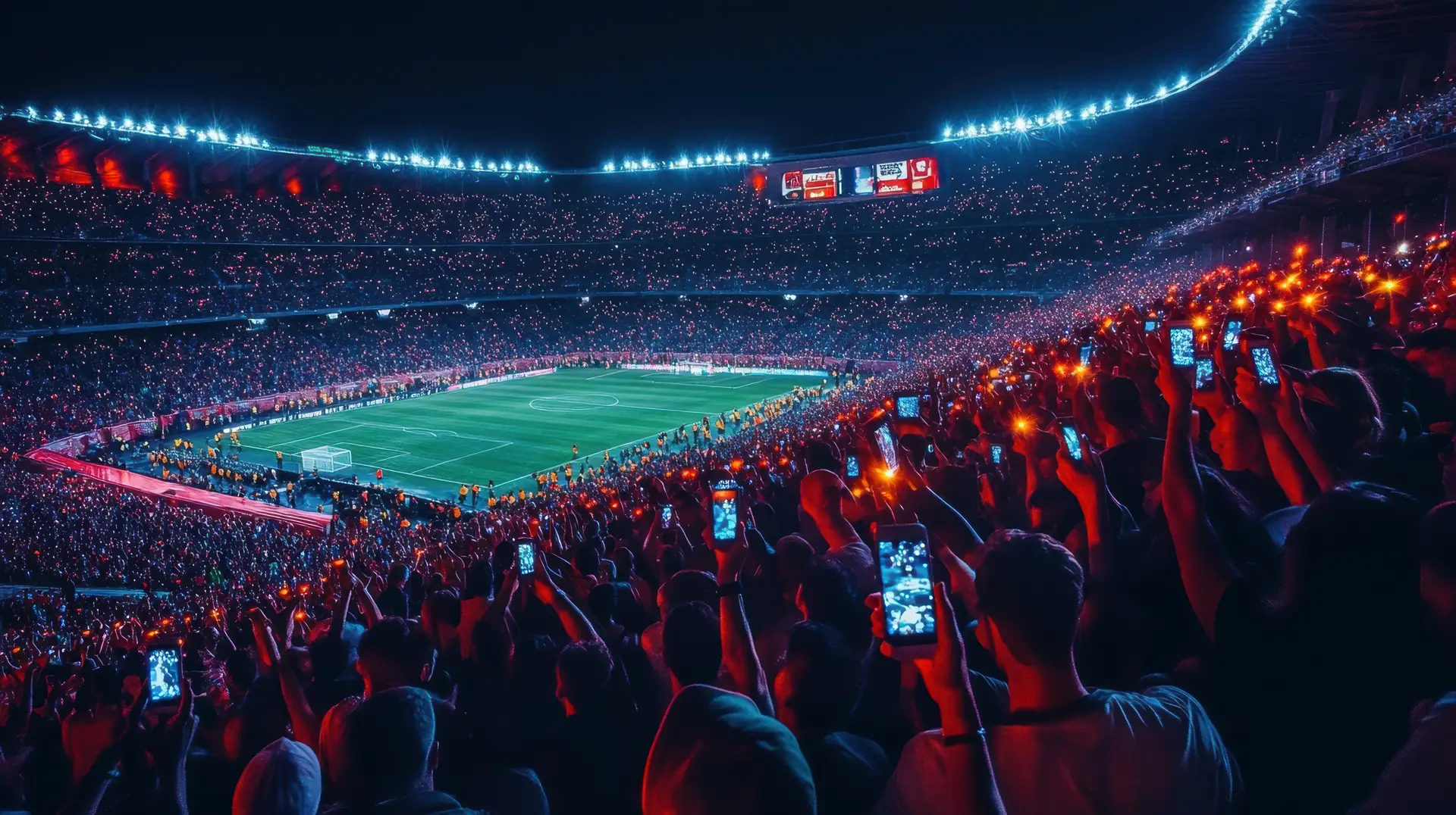 Estádio de futebol lotado à noite, com torcedores filmando com celulares
