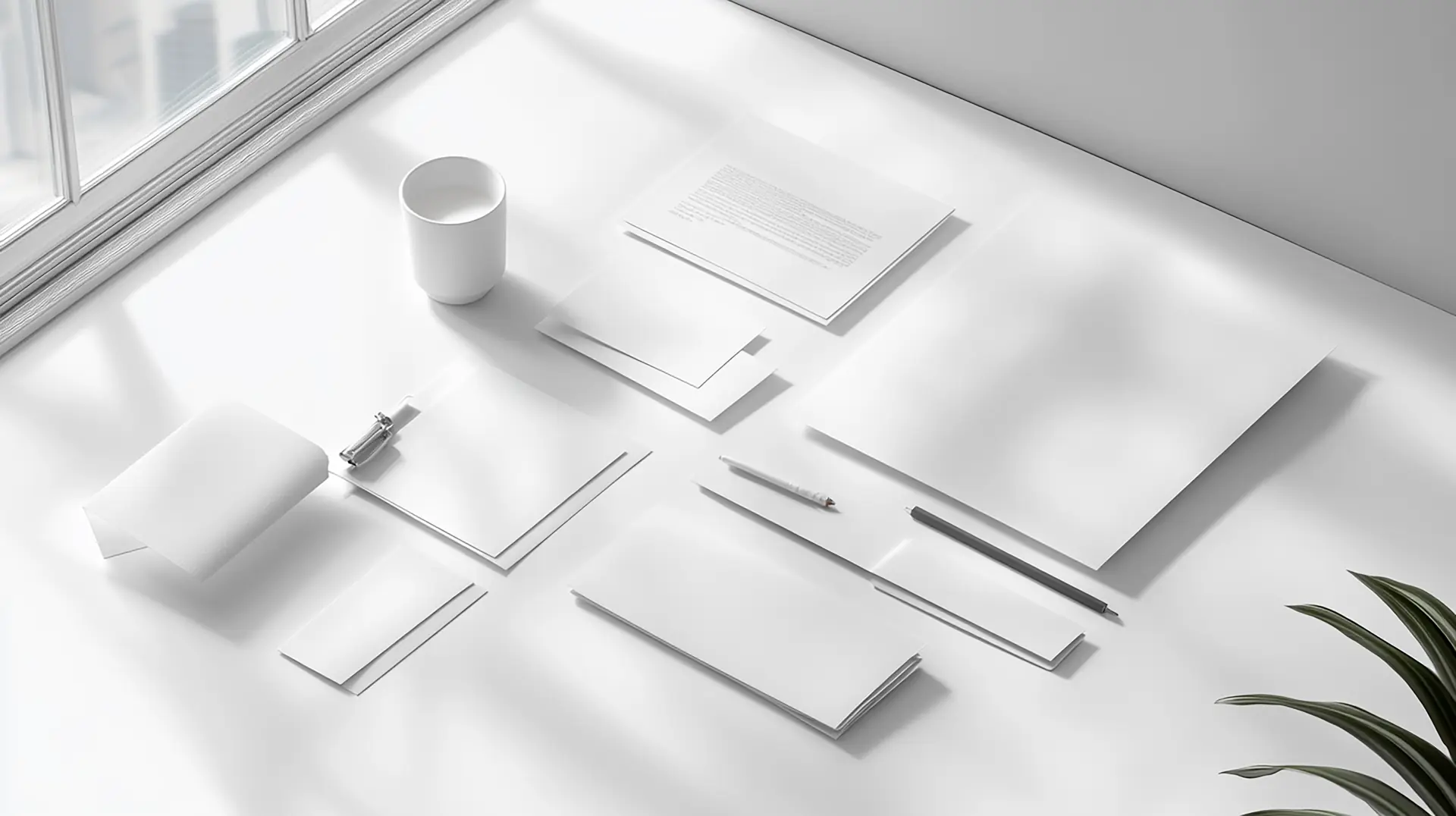 Papelaria de identidade visual sobre uma mesa clara, com luz natural