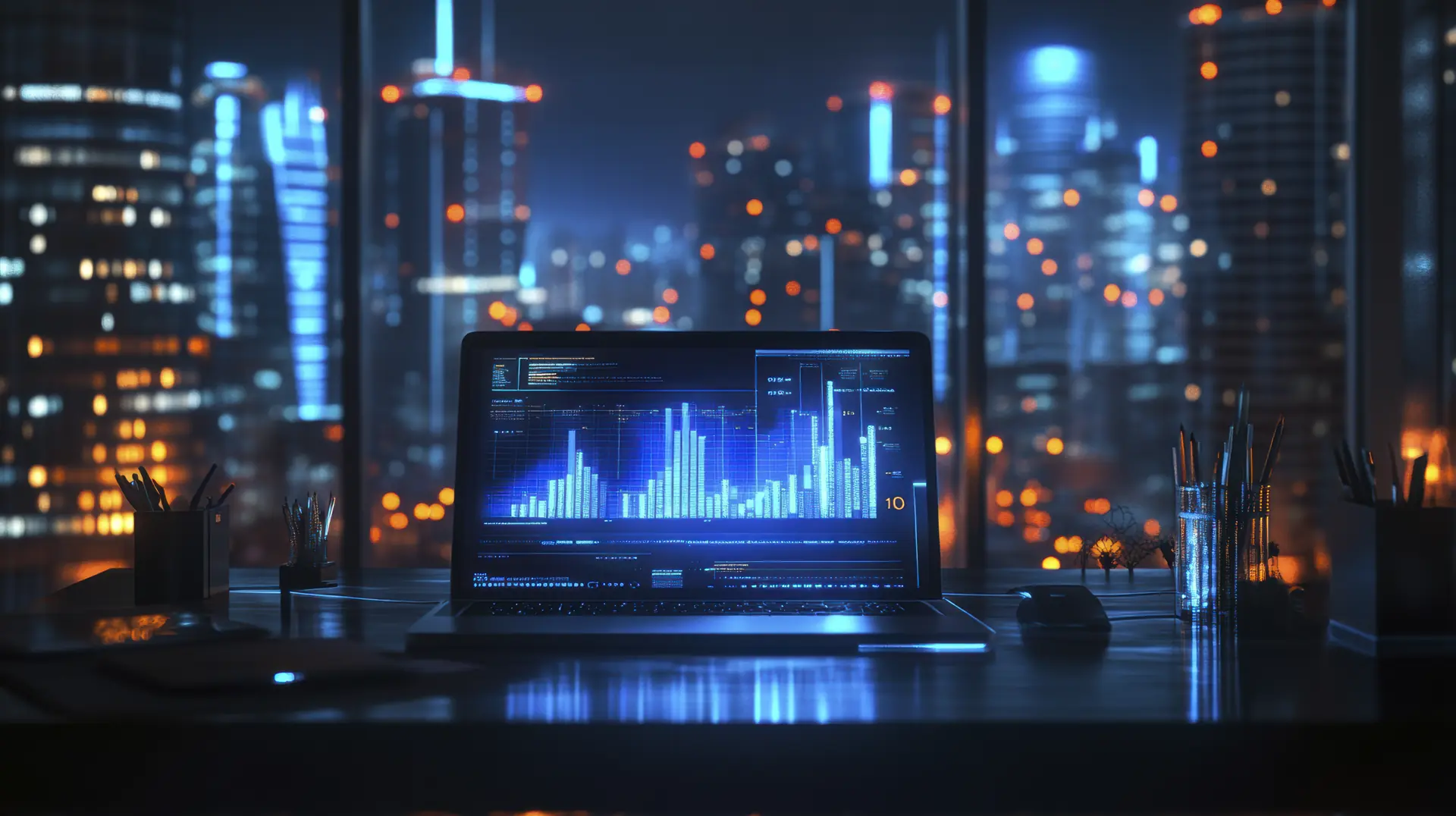 Notebook com painel de métricas de campanhas em um escritório à noite